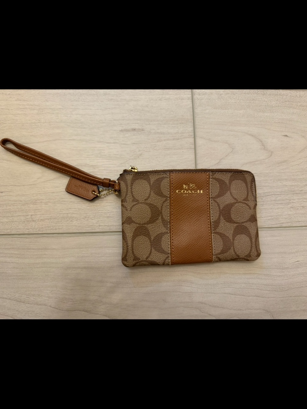 Coach Brown Signature Canvas Wristlet with Leather Stripe